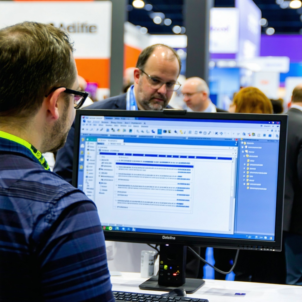 someone at a tradeshow getting a live demo Software should be generic-1